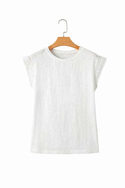 White Lace Patchwork Cap Sleeve Round Neck T Shirt