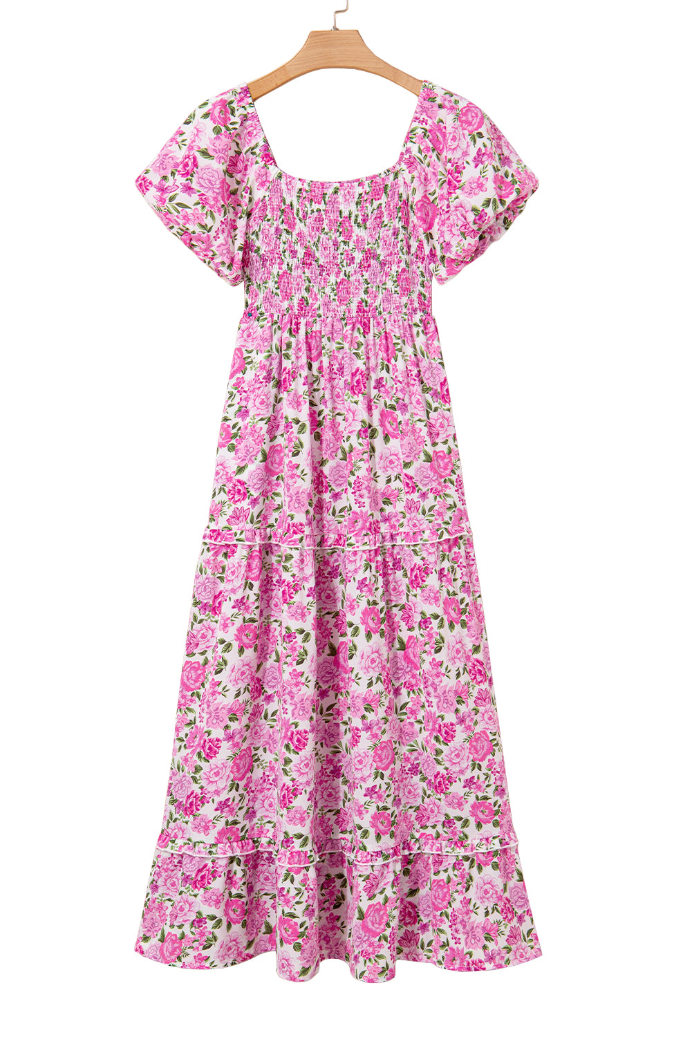 Pink Dainty Floral Smocked Puff Sleeve Flowy Long Dress
