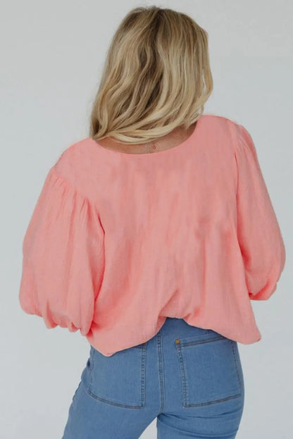 Apricot Pink Geometric Embroidered V Neck Puff Sleeve Blouse - Chic Meadow Boutique 