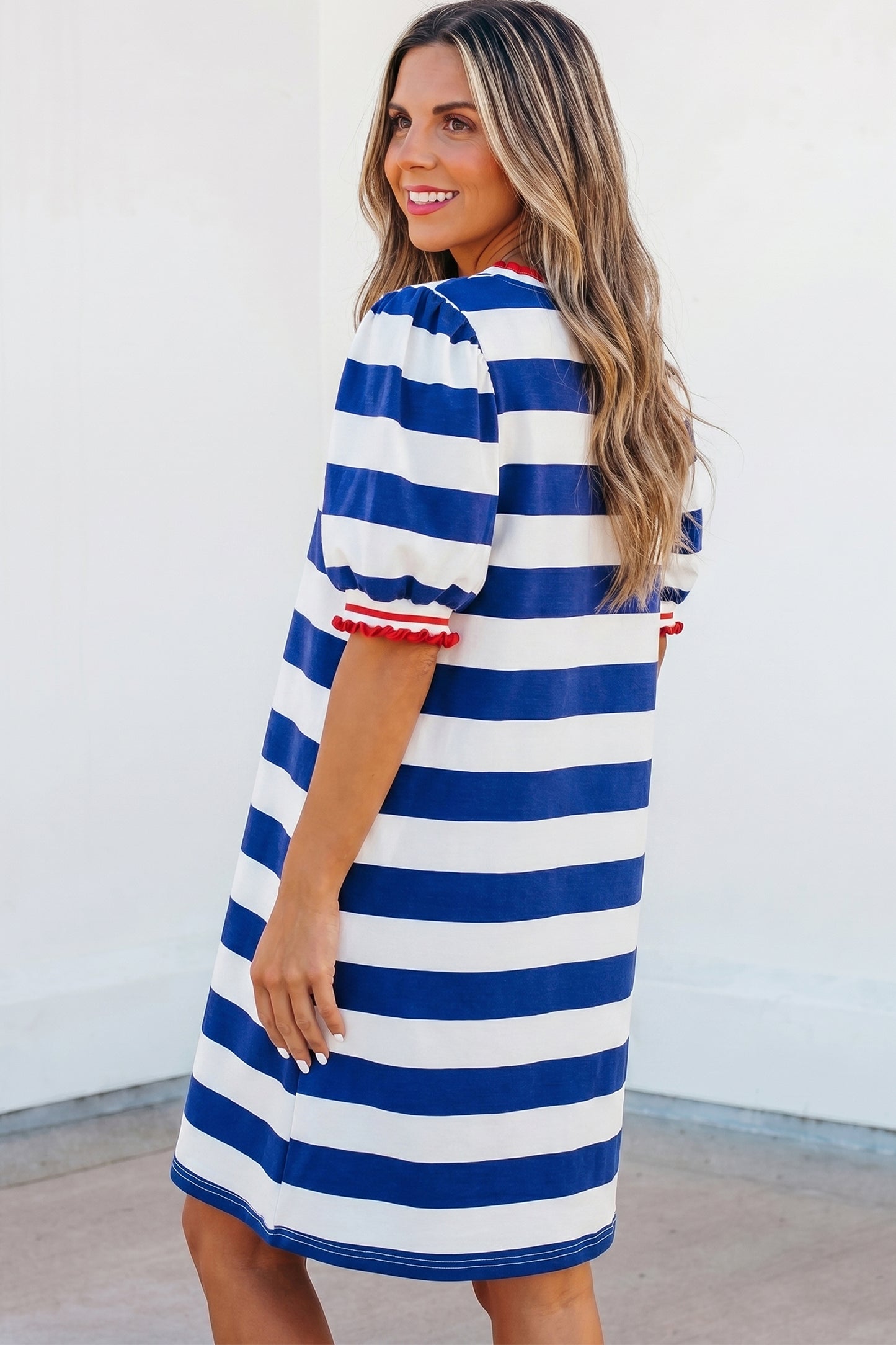 Blue Stripe Contrast Trim Round Neck Short Puff Sleeve Shift Mini Dress