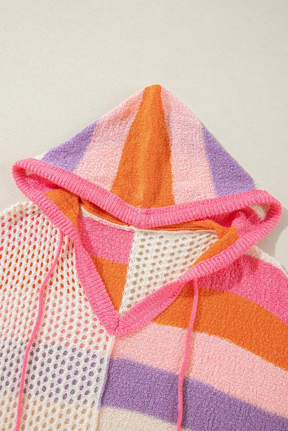 Pink Oversized Colorblock V Neck Hooded Sweater - Chic Meadow Boutique 