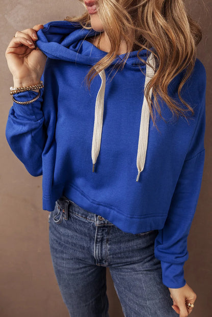 Dark Blue Solid Drop Shoulder Drawstring Cropped Hoodie - Chic Meadow Boutique 