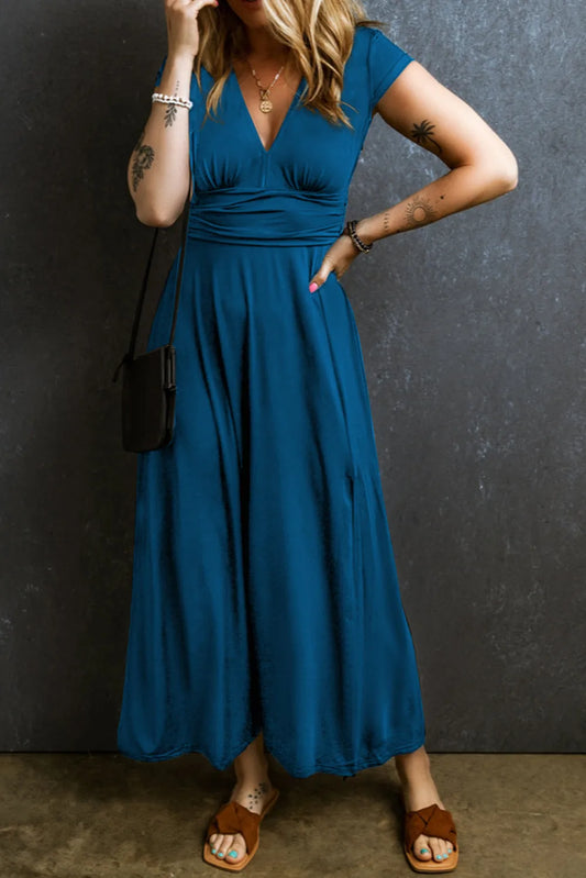 Peacock Blue Short Sleeve Shirred High Waist V Neck Maxi Dress - Chic Meadow Boutique 