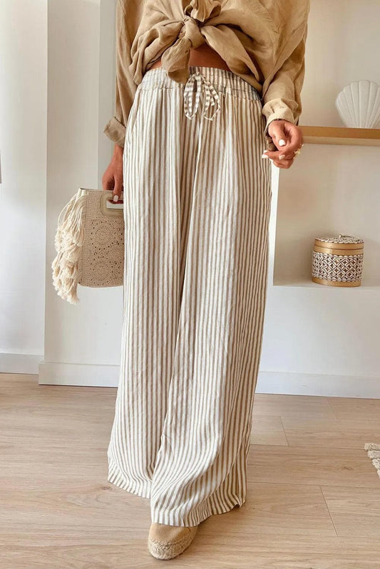 Bottoms/Pants & Culotte Khaki Stripe / S / 100%Polyester Khaki Stripe Print Wide Leg Drawstring Pants