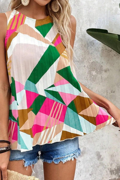 Tops/Tank Tops Multicolour Geometric Printed Pleated Shift Tank Top