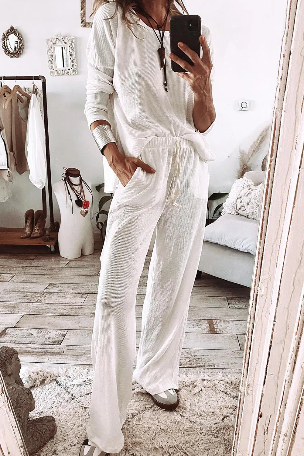 White Textured Long Sleeve T Shirt and Pants Lounge Set - Chic Meadow Boutique 