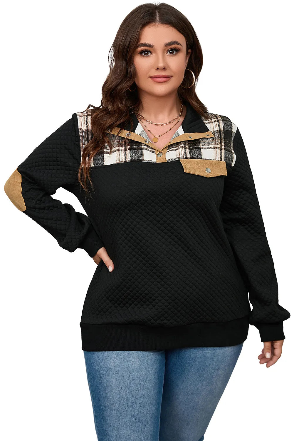 Black Plus Size Quilted Plaid Patch Henley Sweatshirt - Chic Meadow Boutique 