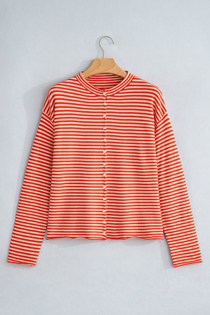 Red Stripe Striped Button Collar Long Sleeve Knit Cardigan
