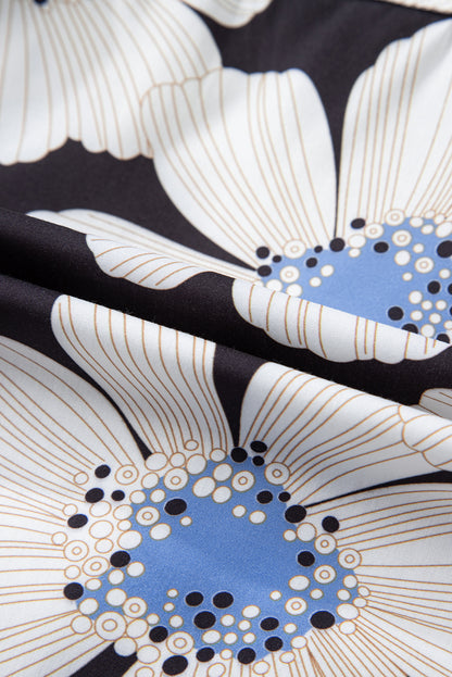 Black Floral Print Striped Tie Sleeve Collared V Neck Blouse