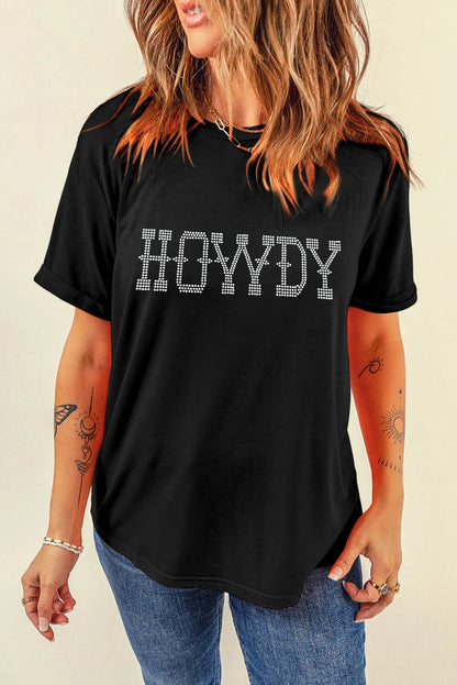 Black HOWDY Rhinestone Slim Fit Crew Neck T Shirt - Chic Meadow Boutique 