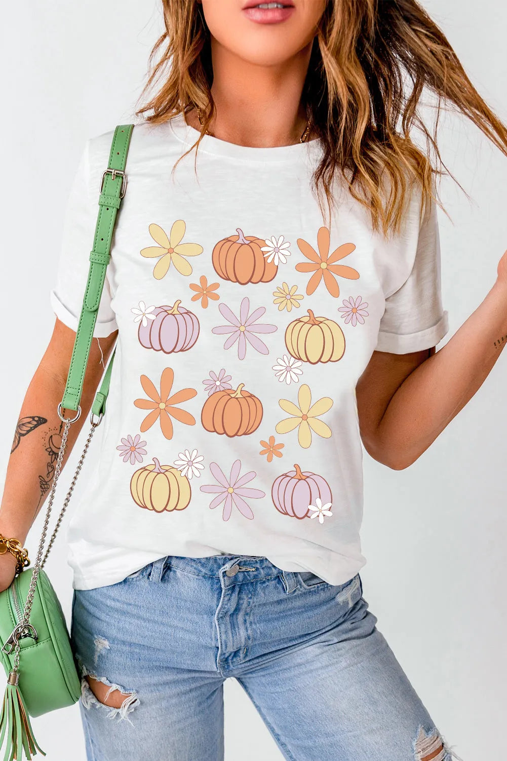 White Floral Pumpkin Graphic Crewneck Halloween T Shirt - Chic Meadow Boutique 