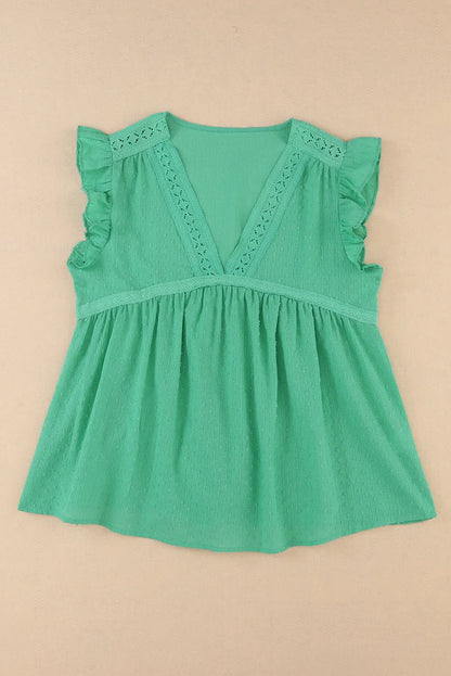 Green Eyelet V Neckline Ruffle Swiss Dot Top - Chic Meadow Boutique 