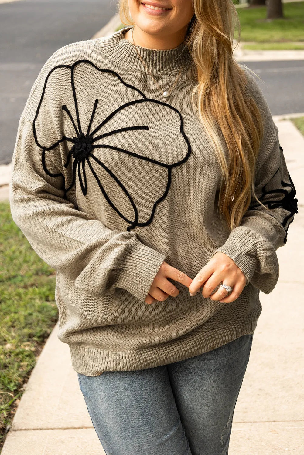 Dark Khaki Plus Size Big Flower Pattern High Neck Drop Shoulder Sweater - Chic Meadow Boutique 