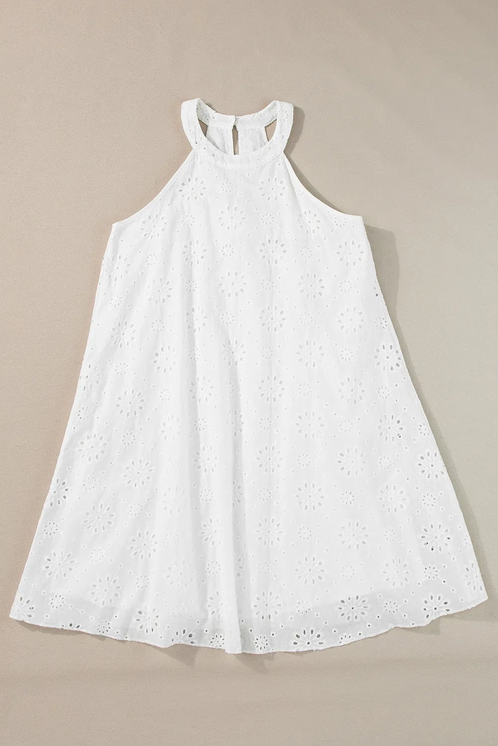 White Boho Eyelet Pattern Halter Neck Sleeveless Dress - Chic Meadow Boutique 