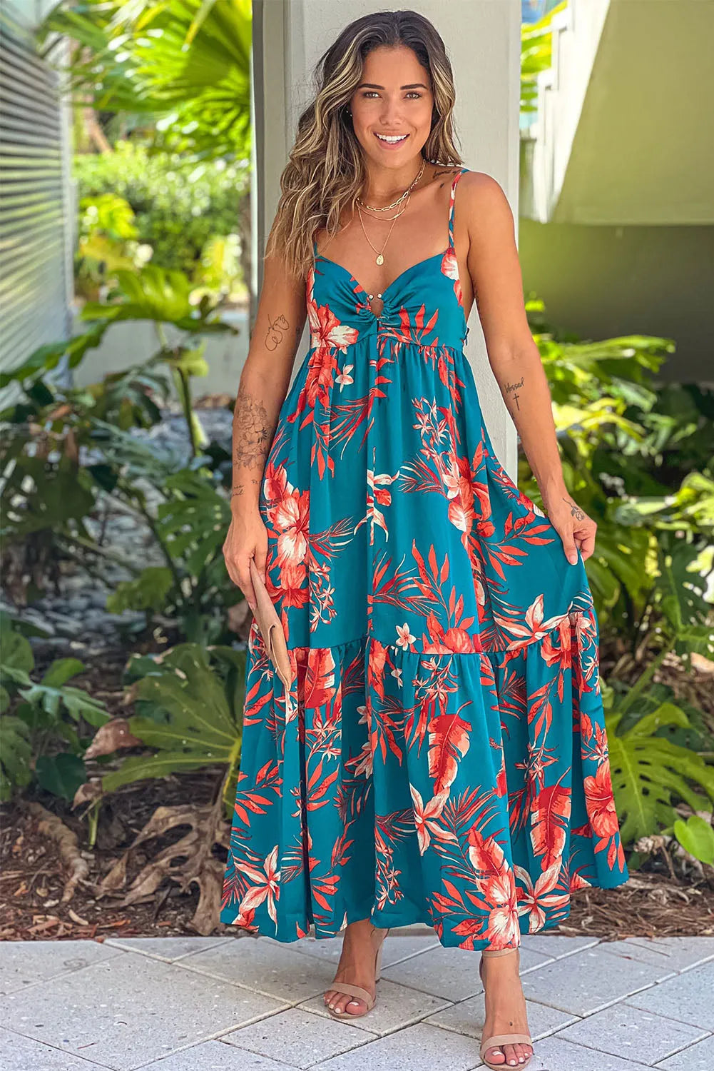 Sky Blue Strappy Open Back Floral Maxi Dress - Chic Meadow Boutique 