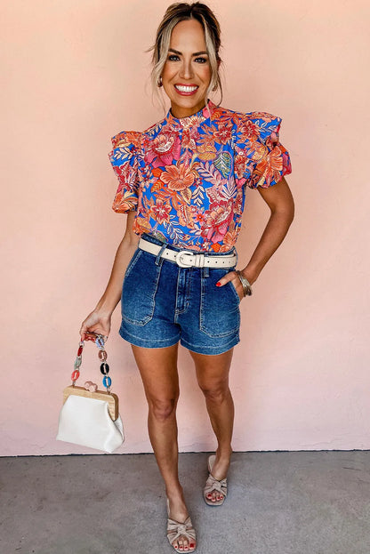 Pink Floral Ruffled Puff Sleeve Mock Neck Blouse - Chic Meadow Boutique 