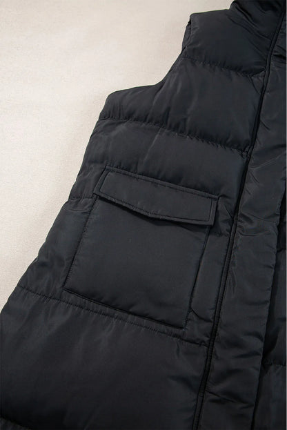 Black Windproof Longline Full Zipper Puffer Vest with Pockets - Chic Meadow Boutique 