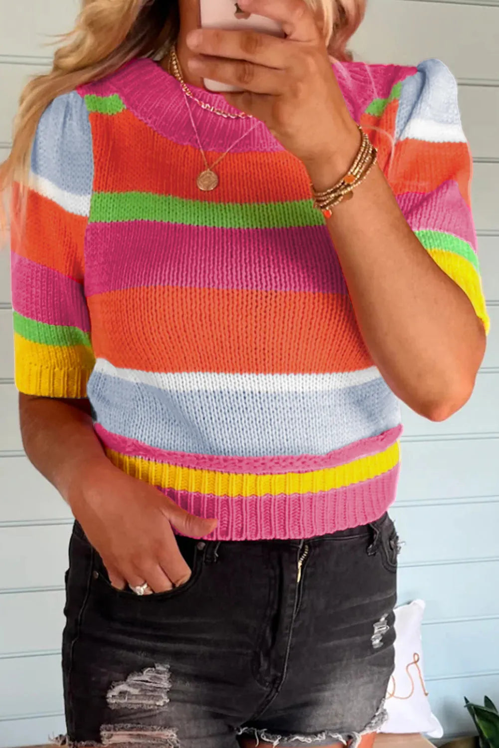 Multicolour Color Block Cropped Short Sleeve Sweater - Chic Meadow Boutique 