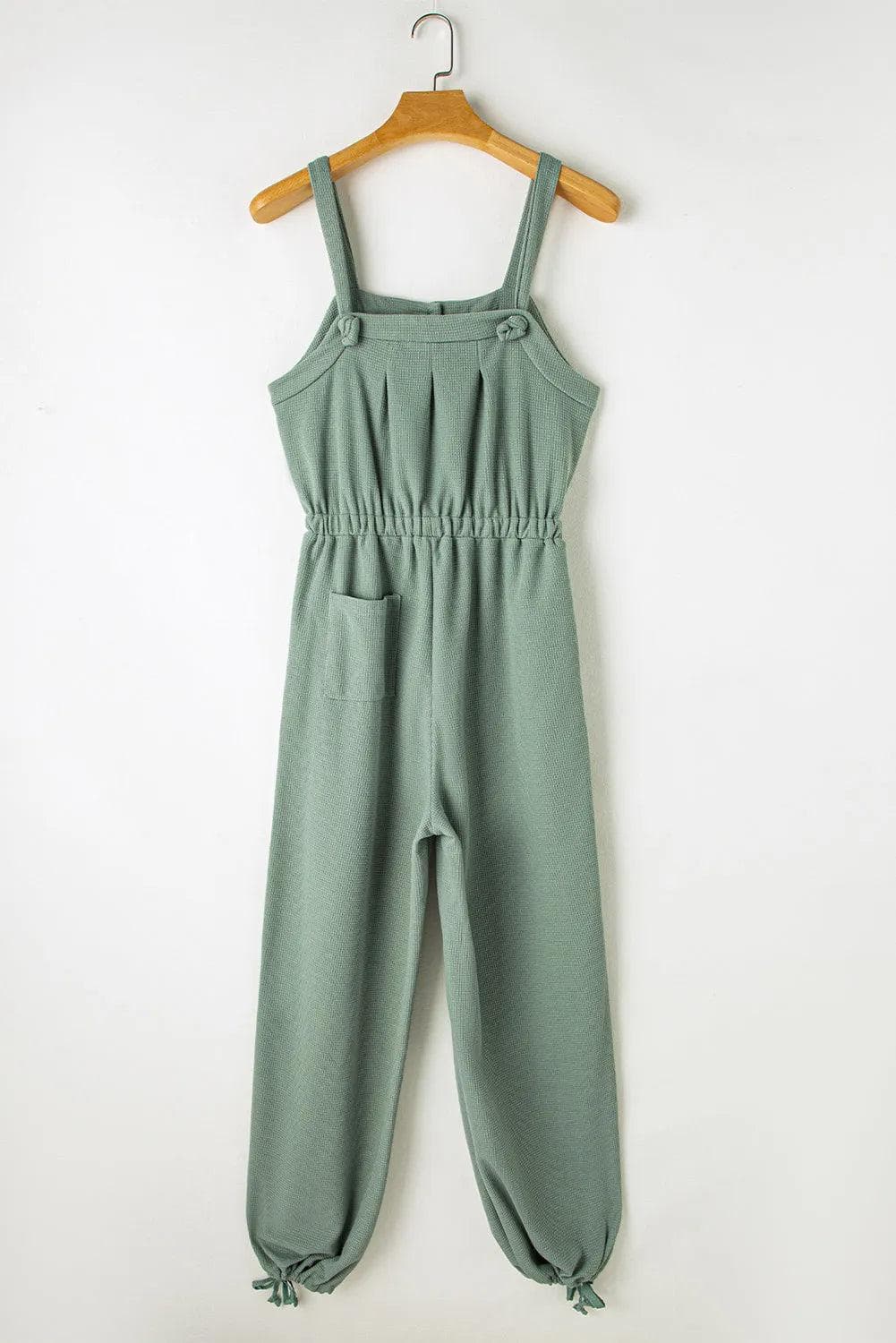 Bottoms/Jumpsuits & Rompers Moss Green Knotted Straps Button Textured Drawstring Jumpsuit