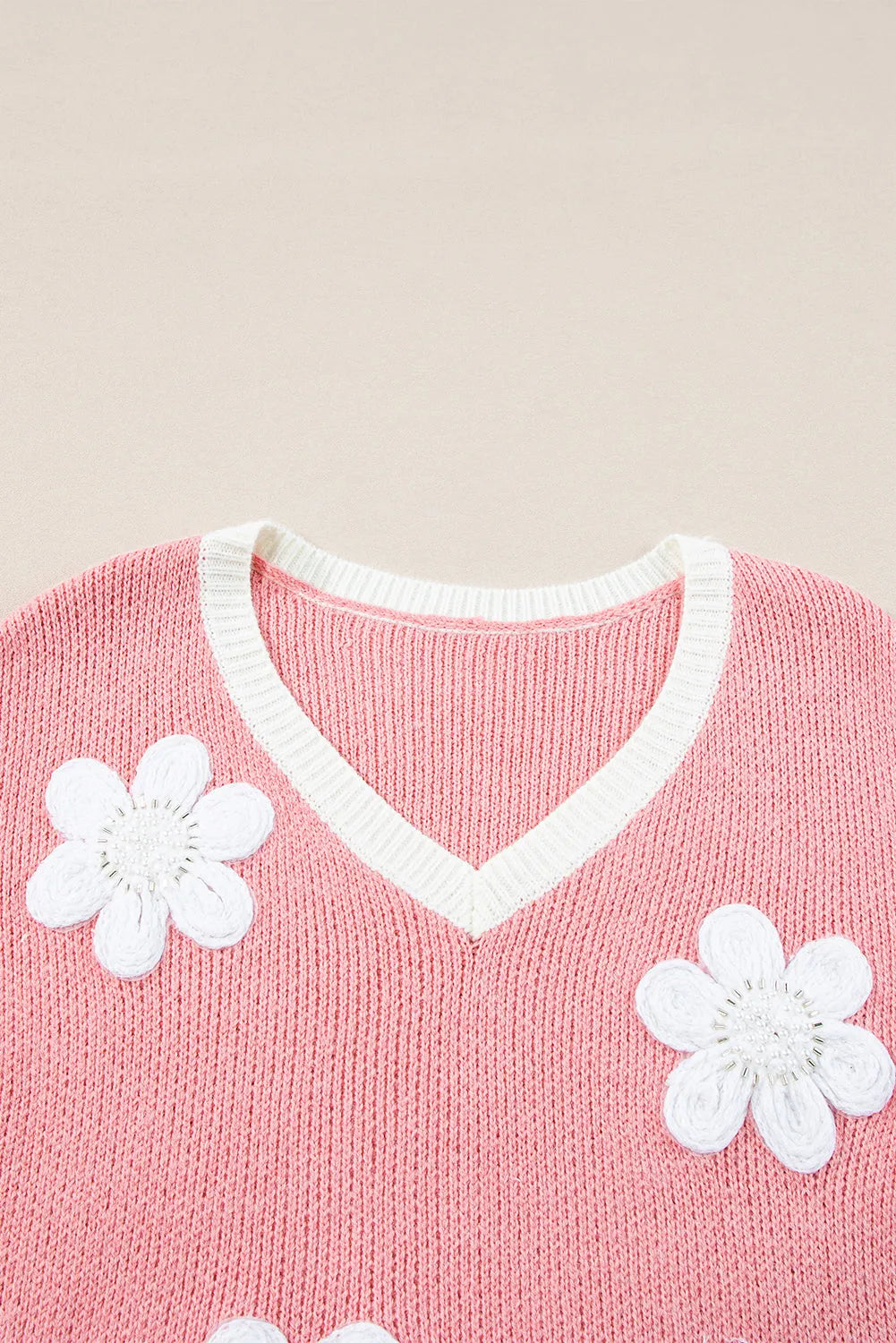 Sweaters & Cardigans/Sweaters Pink Flower V Neck Dropped Shoulder Sweater