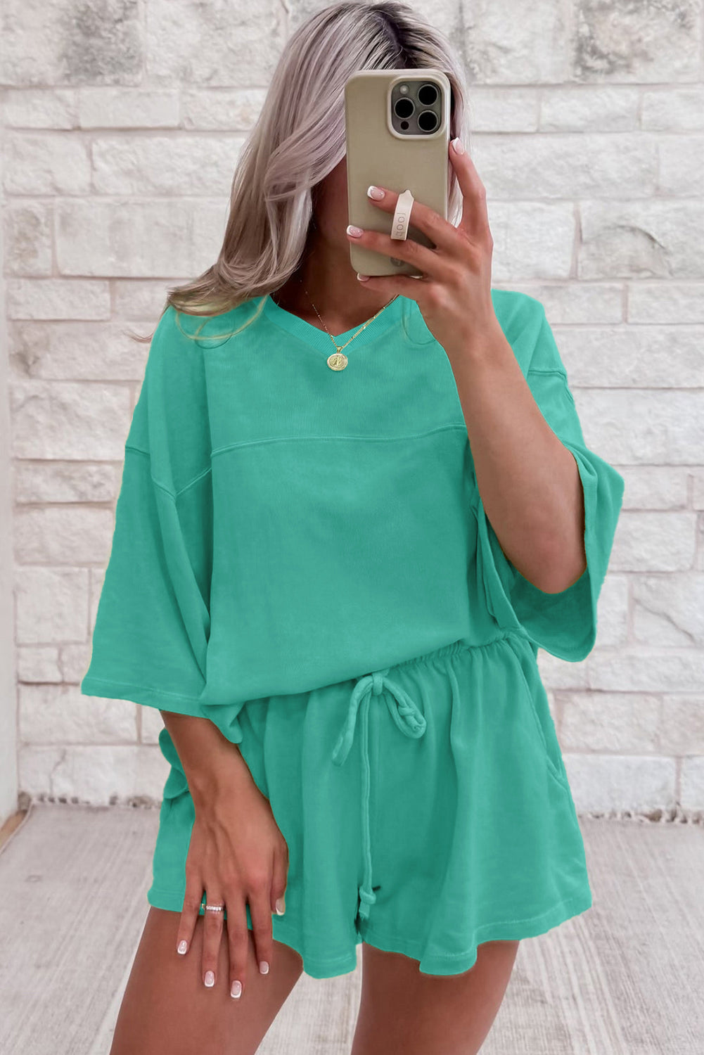 Sea Green Solid Loose V Neck Half Sleeve Tee and Shorts