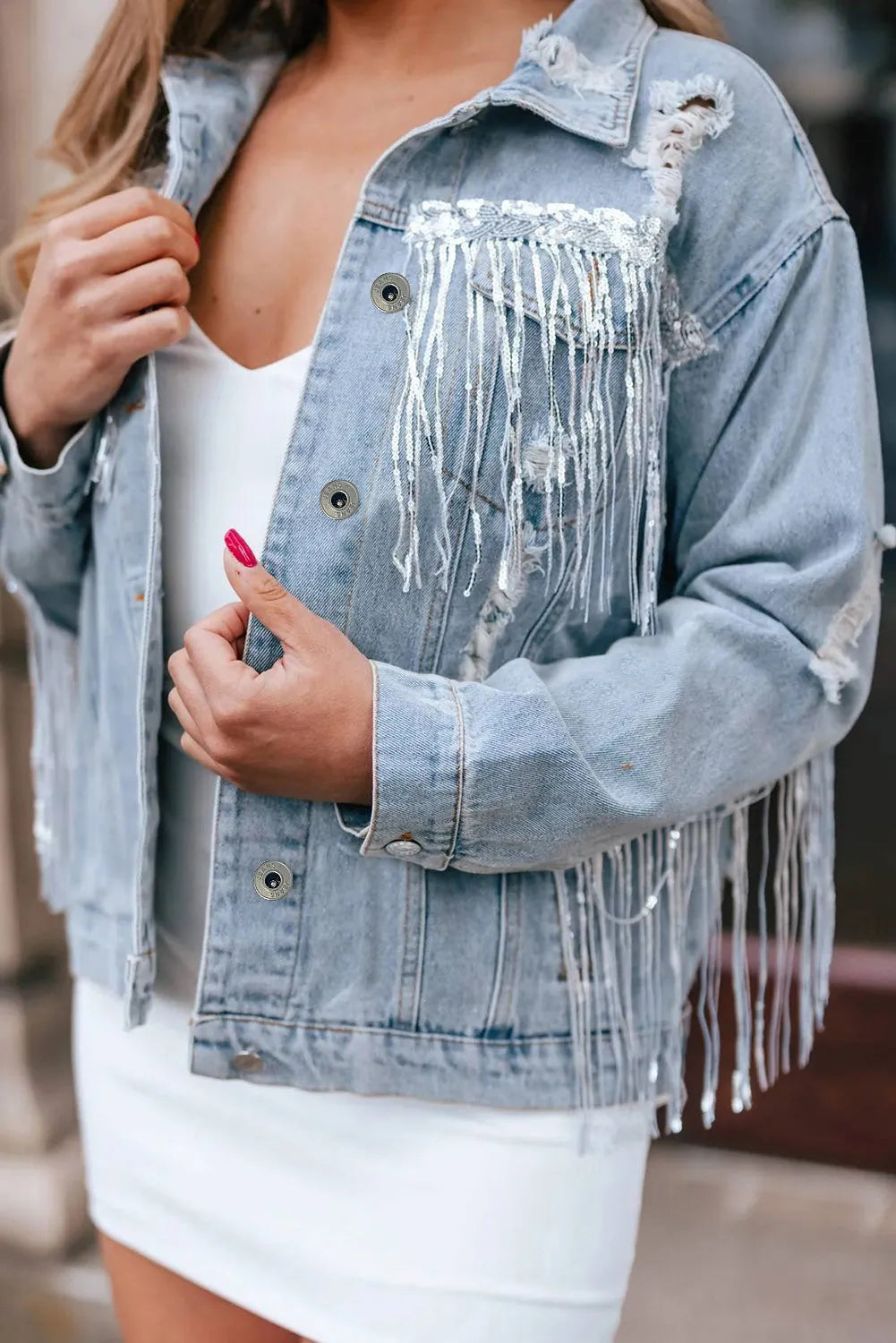 Sky Blue Sequin Embellished Fringe Distressed Denim Jacket - Chic Meadow Boutique 