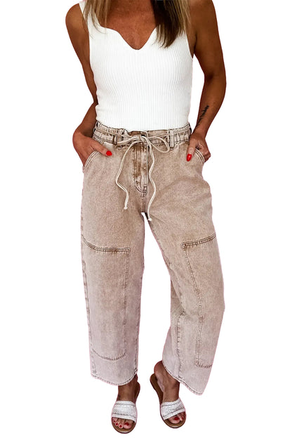 Smoke Gray Acid Wash Barrel Fit Denim Pants with Waist String