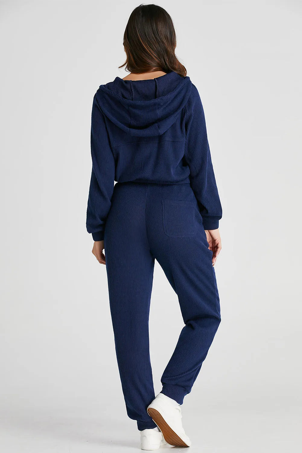 Navy Blue Ribbed Knit Cropped Hoodie and Drawstring Joggers Set - Chic Meadow Boutique 