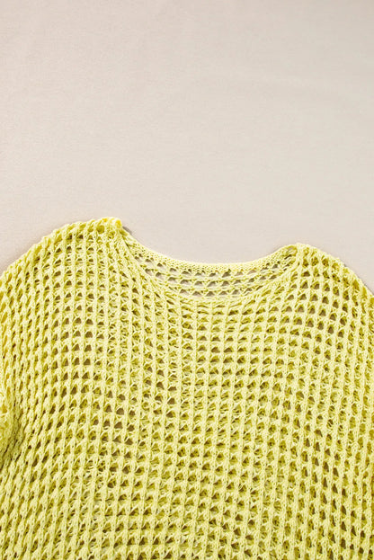 Yellow Open Knit Crochet Bell Sleeve Tunic Sweater - Chic Meadow Boutique 