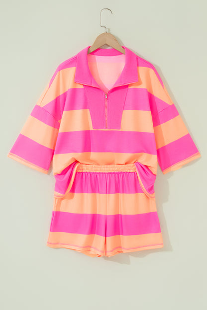 Pink Seam Detail Half Zip Tee Casual Shorts 2pcs Set