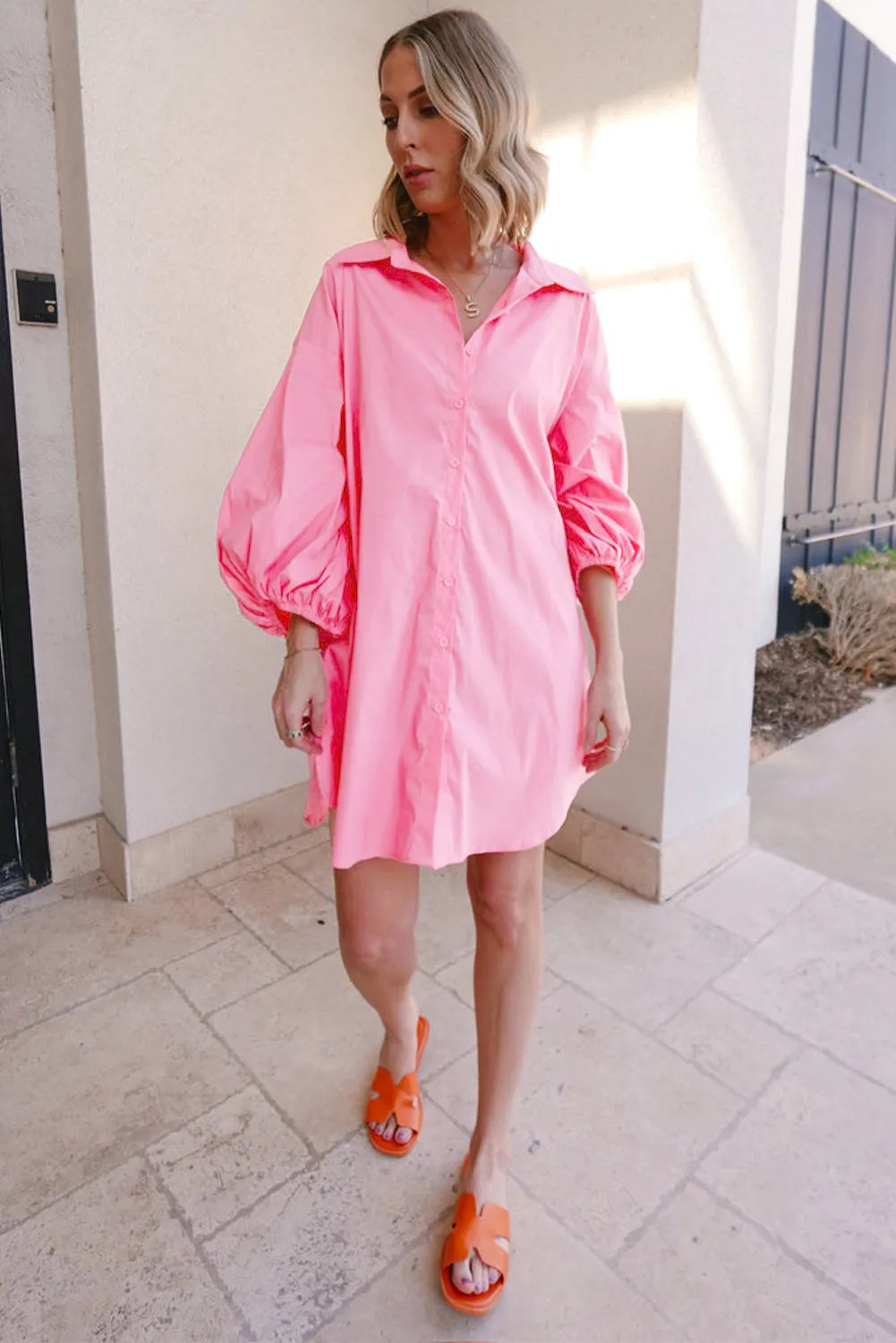 Bright Pink Balloon Sleeve Button Up Mini Shirt Dress - Chic Meadow Boutique 