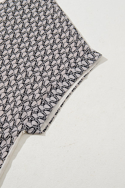 Oatmeal Contrast Geometric Print Patchwork V Neck Short Sleeve Plus Size Top