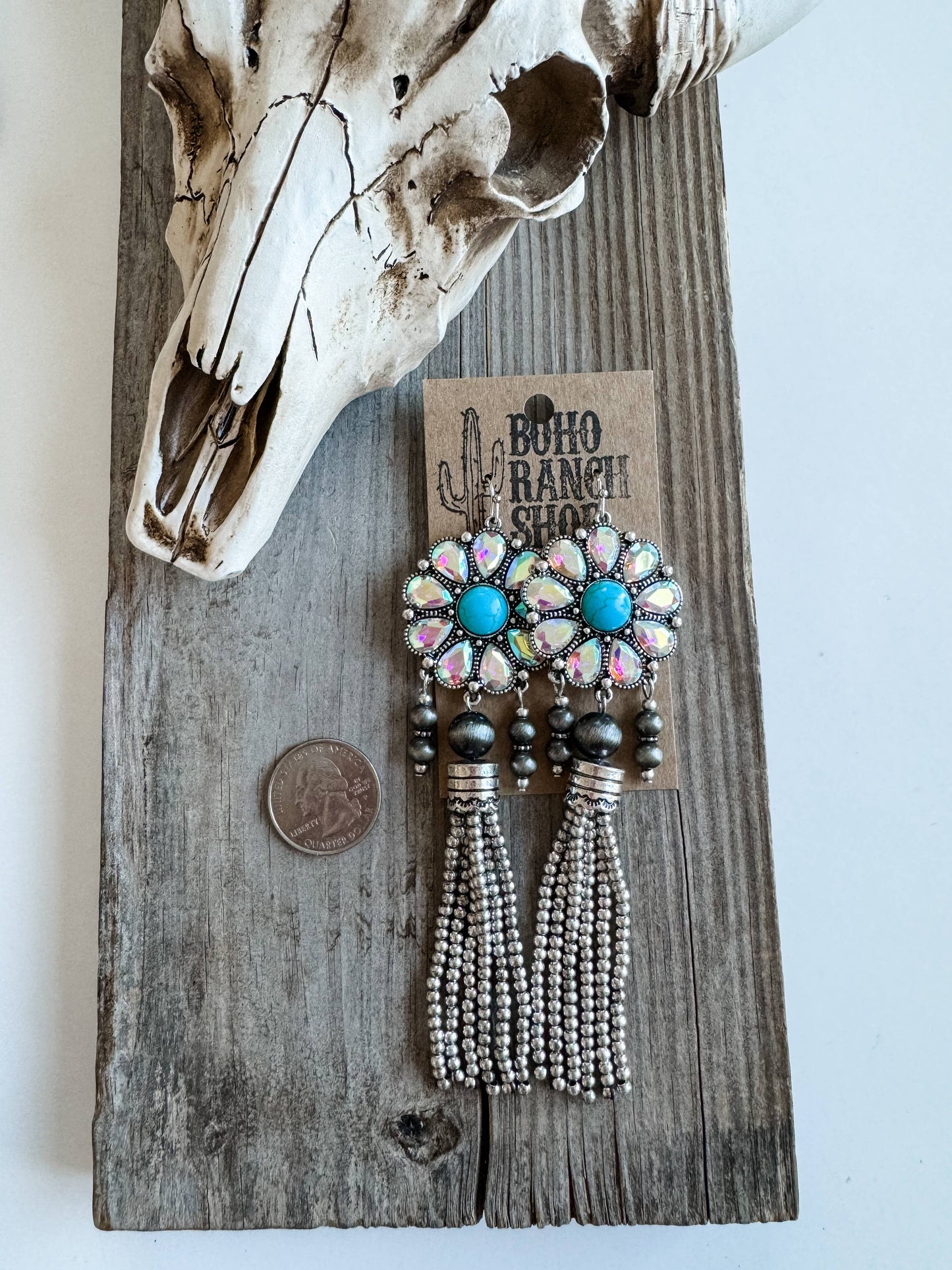 Western Concho Bead Fringe Dangle Earrings