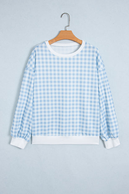 Light Blue Plaid Round Neck Long Sleeve Sweatshirt
