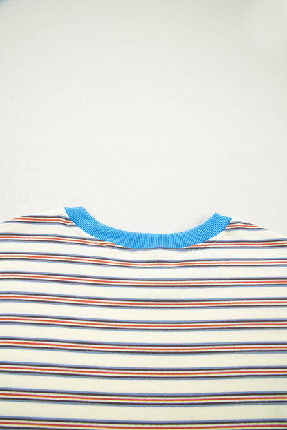 White Stripe Drop Shoulder Cuffed Sleeve Loose Tunic T Shirt Mini Dress