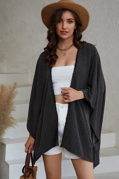 Black Lace Trim Ribbed Oversize Kimono - Chic Meadow Boutique 