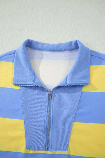 Yellow Stripe Half Zipper Placket Bracelet Sleeve Top Casual Shorts Set