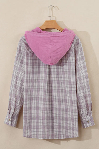 Outerwear/Plaid Shackets Pink Checkered Print Loose Fit Buttoned Hooded Shacket