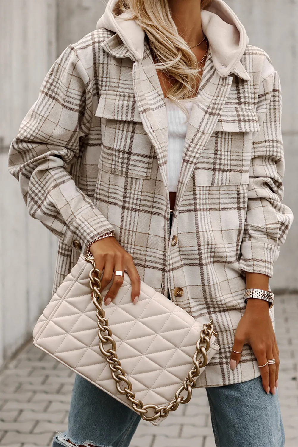 Khaki Plaid Removable Hood Buttoned Shacket - Chic Meadow Boutique 