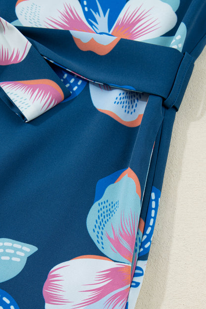 Blue Floral Print Short Puff Sleeve Ruffle Hem Belted Long Dress