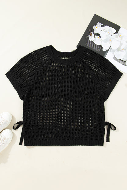 Black Plus Size Open Knit Bow Tie Short Sleeve Sweater
