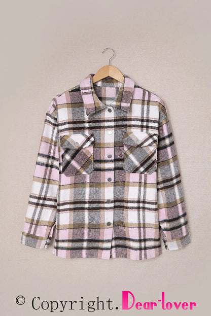 Pink Geometric Plaid Print Pocketed Shacket - Chic Meadow Boutique 