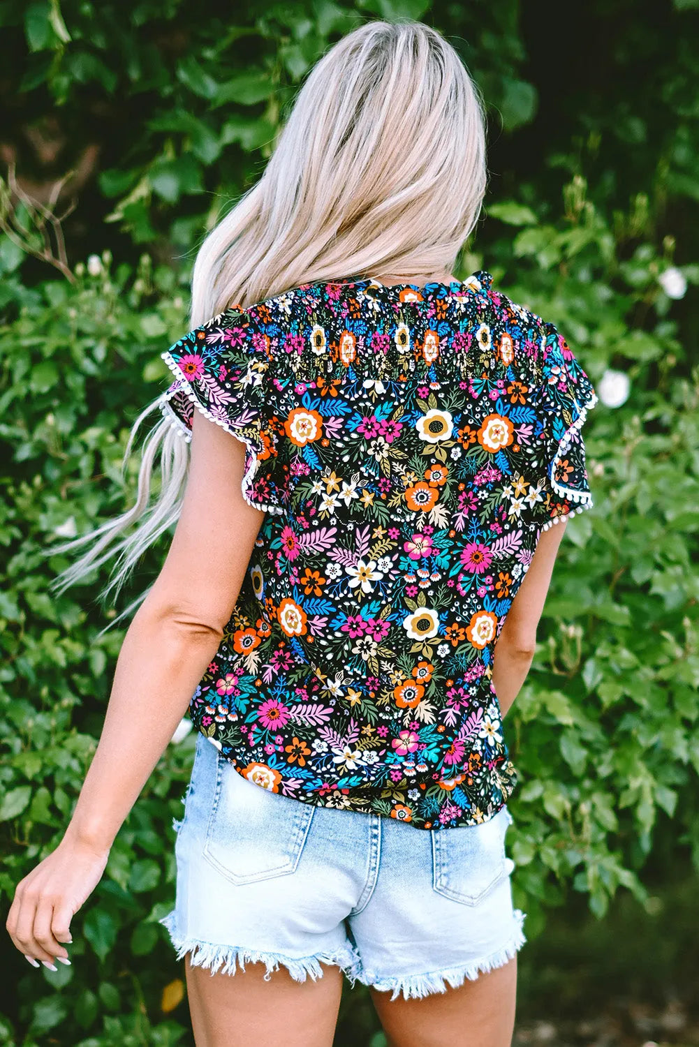 Black Lace Trim Flutter Sleeve Tropical Floral Blouse - Chic Meadow Boutique 