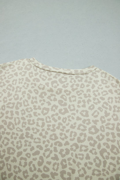 Apricot Leopard Print Varsity Striped Detail 3/4 Sleeve Top Shift Pant Set