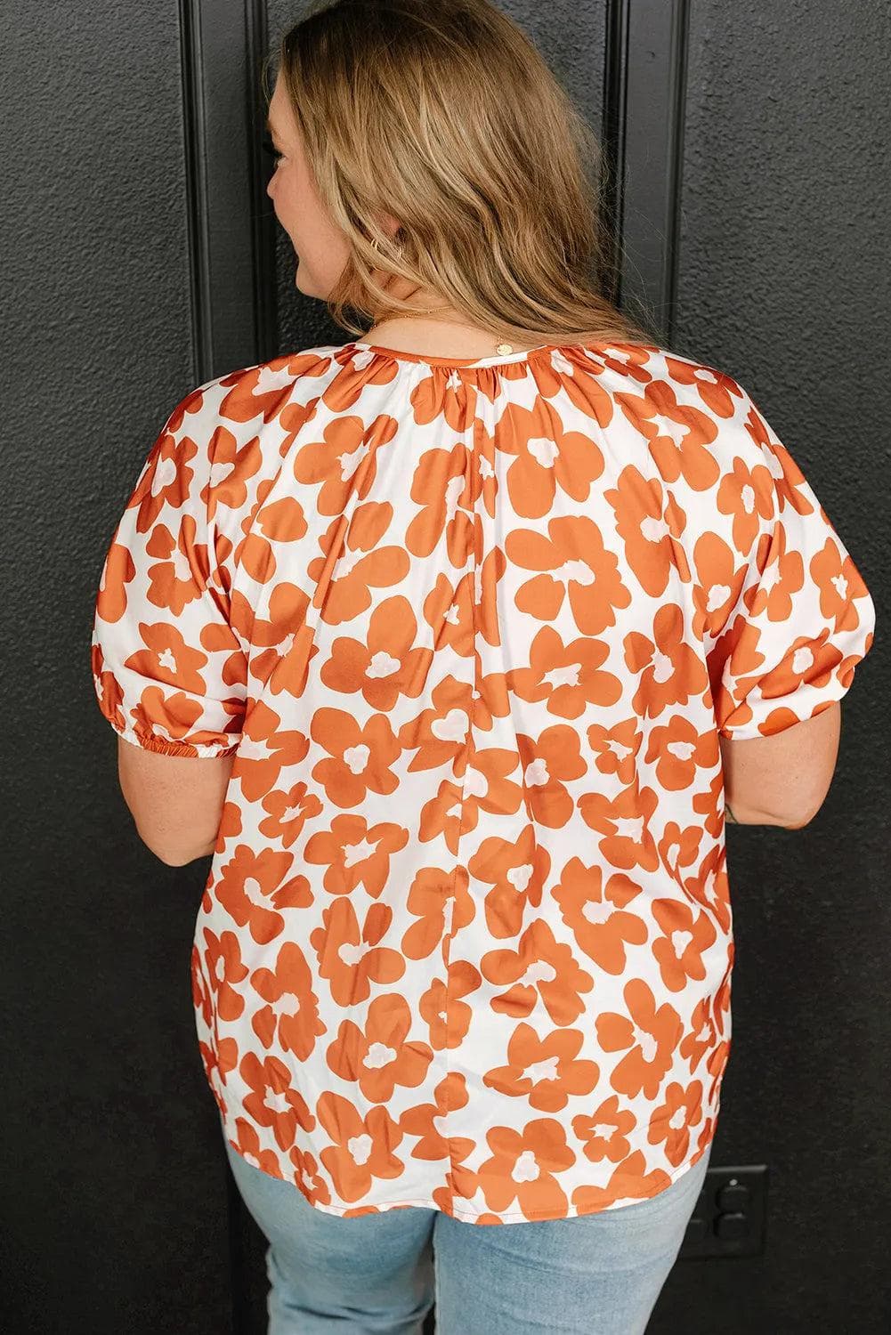 Plus Size/Plus Size Tops/Plus Size Blouses & Shirts Orange Plus Size Floral Print Drawstring V Neck Short Sleeve Blouse