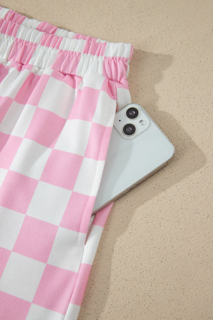 Pink Checkered Print Color Block Trim Mock Neck Short Set