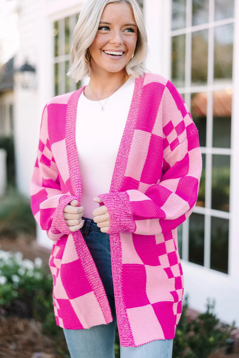 Rose Red Checkered Printed Ribbed Trim Open Front Cardigan - Chic Meadow Boutique 