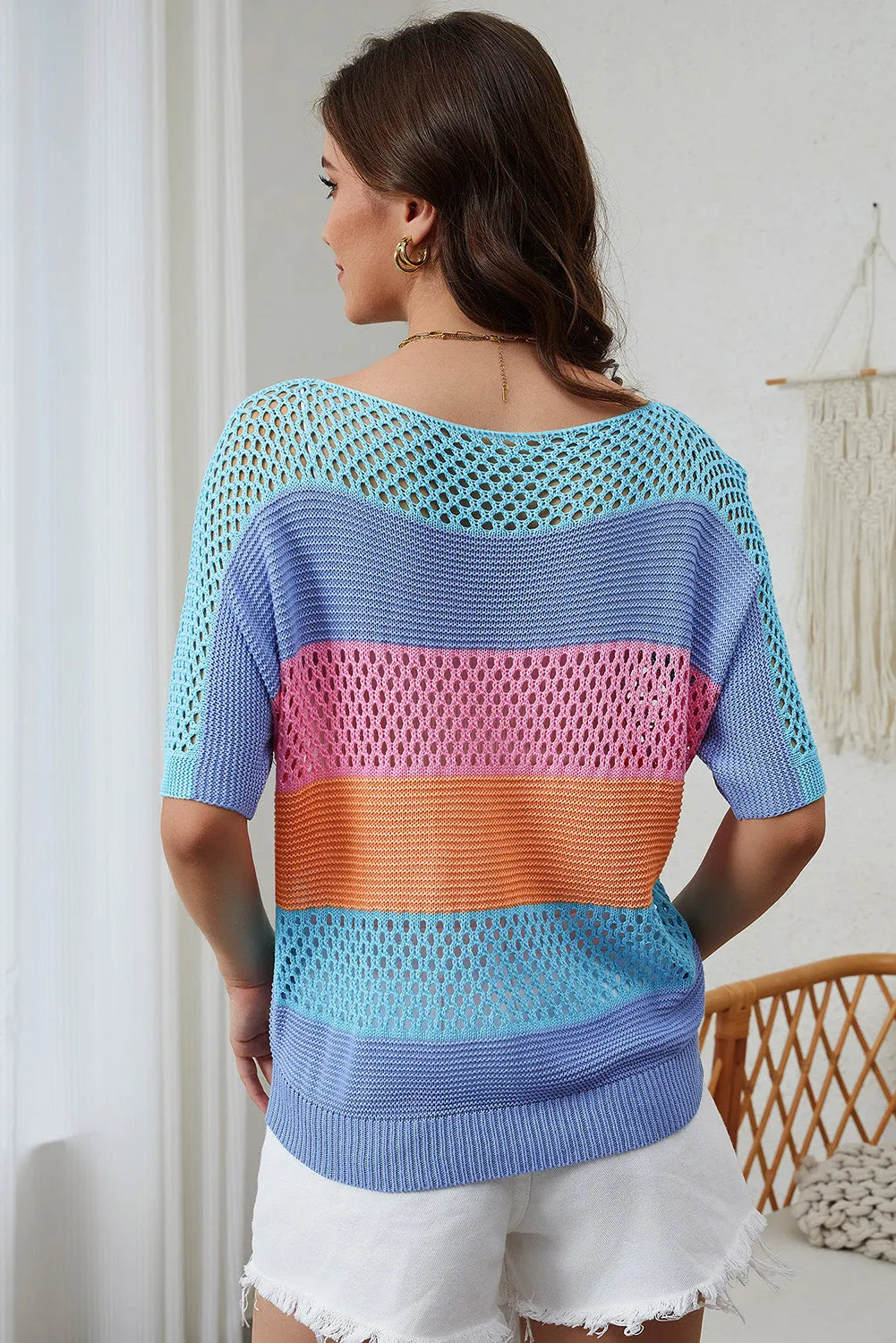 Sky Blue Knitted Eyelet Colorblock Striped Half Sleeves Top - Chic Meadow Boutique 