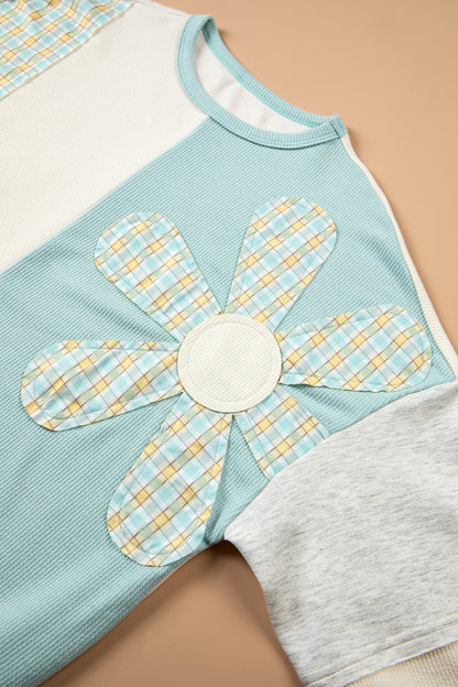 Light Blue Plaid Patchwork Round Neck Long Sleeve Top
