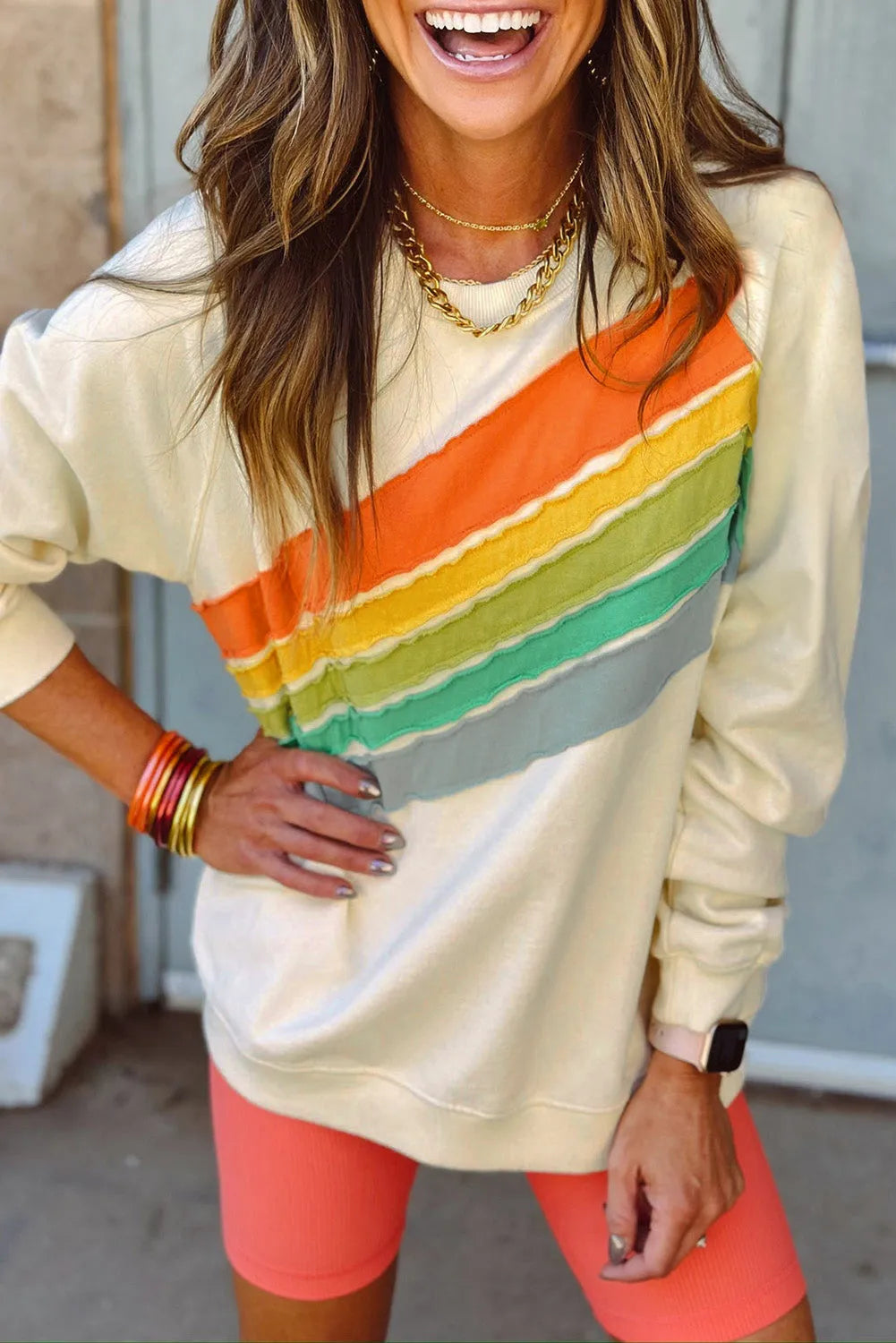 Apricot Rainbow Colorblock Striped Pullover Sweatshirt - Chic Meadow Boutique 